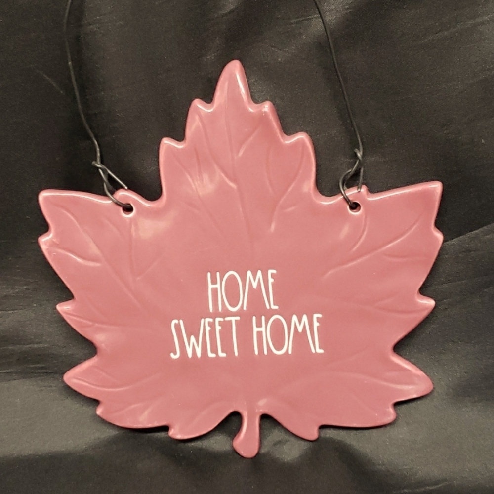 Rae Dunn Light Cranberry "HOME SWEET HOME" Ceramic Leaf Shaped Plaque